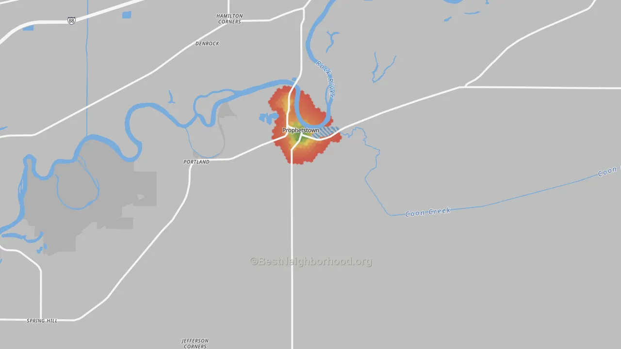 Walk Grade map of Prophetstown, IL, walkable areas in green and car-dependent areas in red