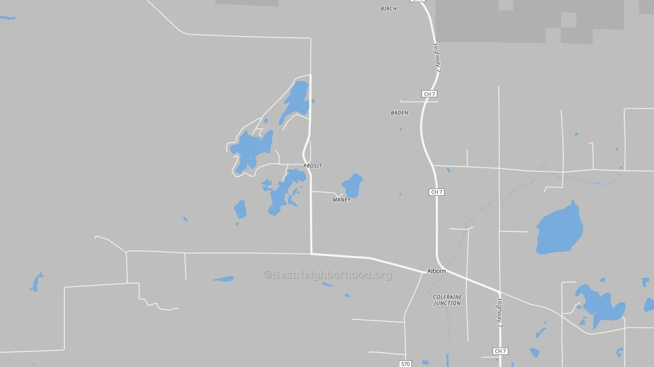 Walk Grade map of Prosit, MN, walkable areas in green and car-dependent areas in red