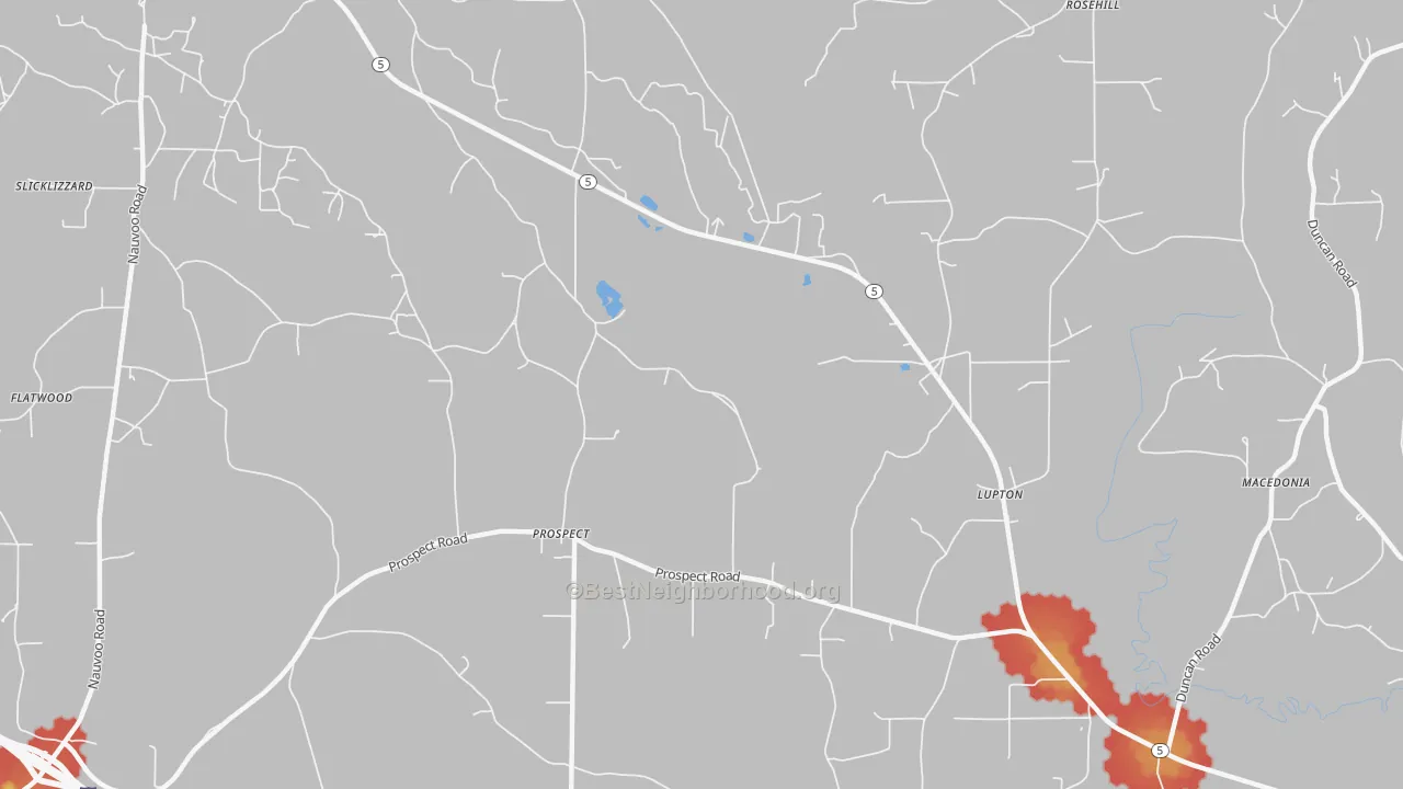 Walk Grade map of Prospect, AL, walkable areas in green and car-dependent areas in red