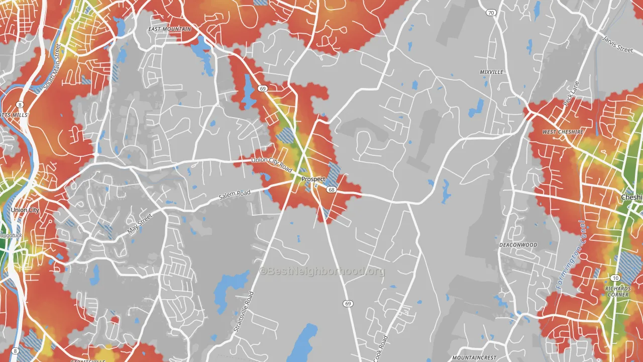 Walk Grade map of Prospect, CT, walkable areas in green and car-dependent areas in red