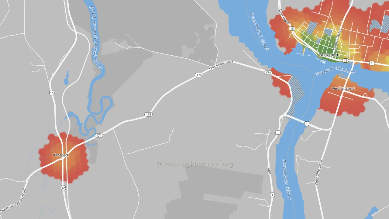 Walk Grade map of Prospect Ferry, ME, walkable areas in green and car-dependent areas in red