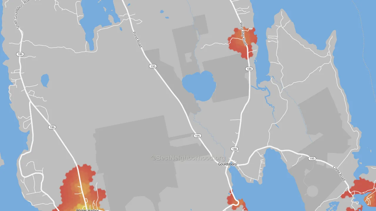 Walk Grade map of Prospect Harbor, ME, walkable areas in green and car-dependent areas in red