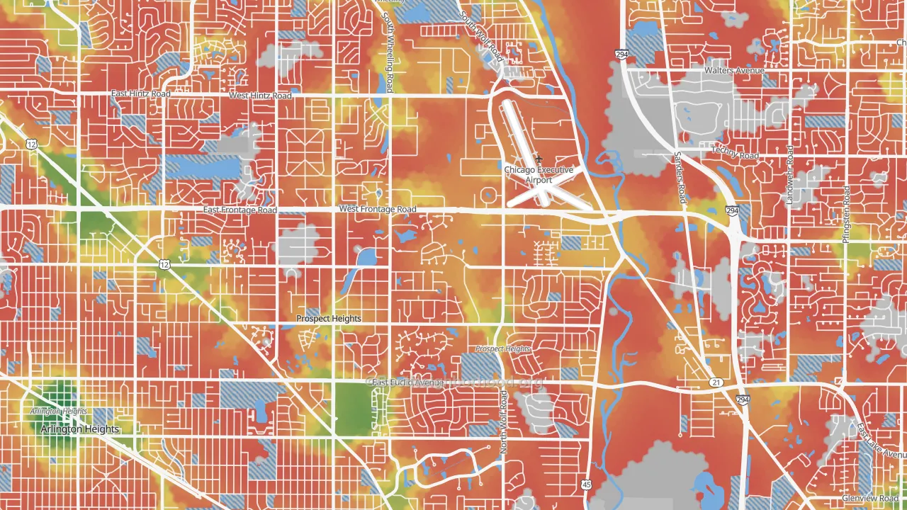 Walk Grade map of Prospect Heights, IL, walkable areas in green and car-dependent areas in red