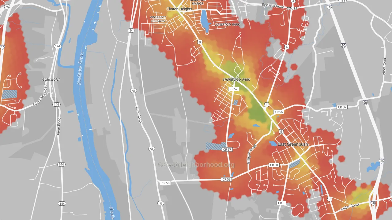 Walk Grade map of Prospect Heights, NY, walkable areas in green and car-dependent areas in red