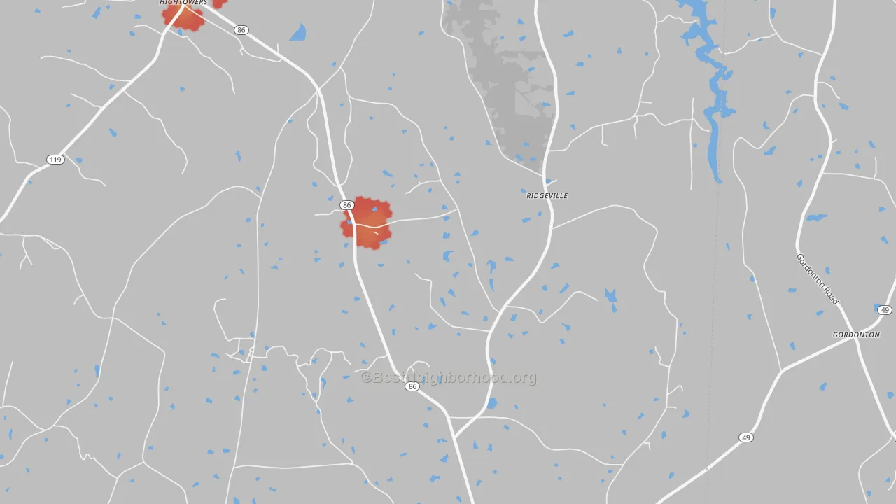 Walk Grade map of Prospect Hill, NC, walkable areas in green and car-dependent areas in red