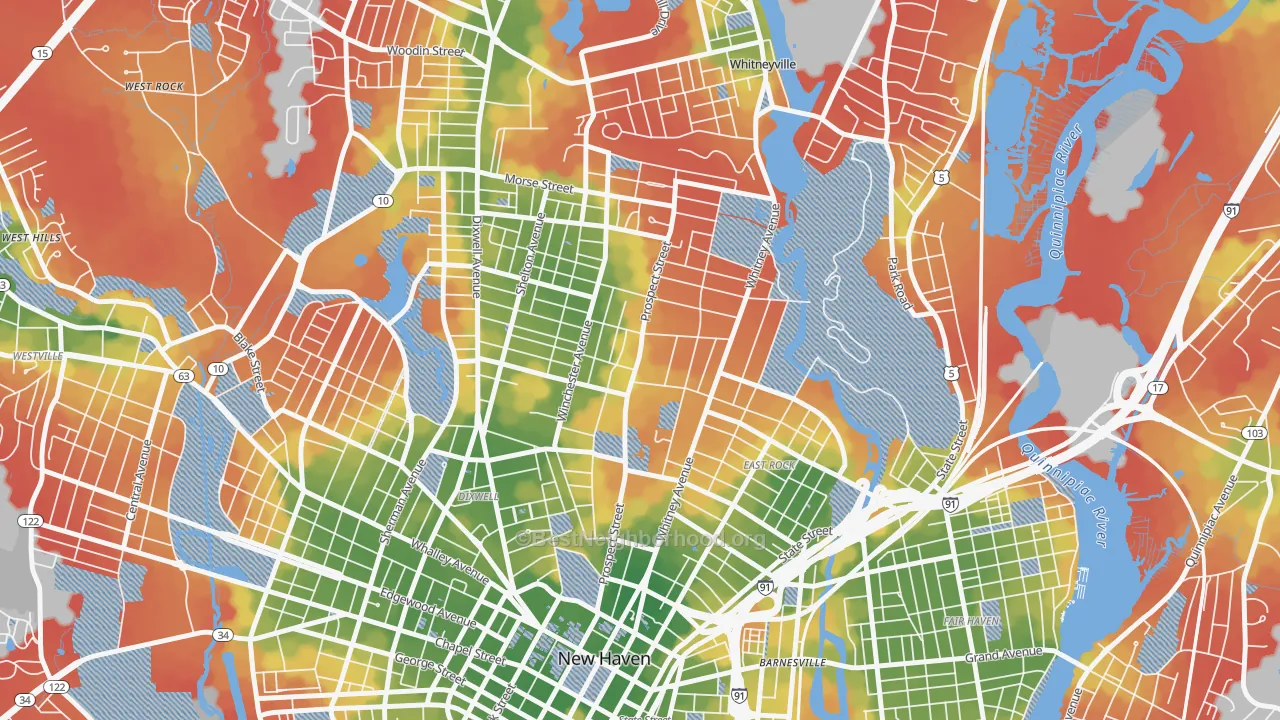 Walk Grade map of Prospect Hill, New Haven, CT, walkable areas in green and car-dependent areas in red