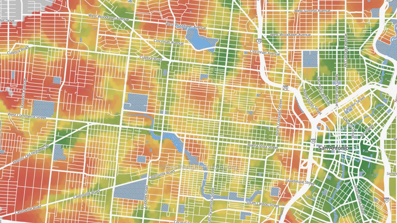 Walk Grade map of Prospect Hill, San Antonio, TX, walkable areas in green and car-dependent areas in red