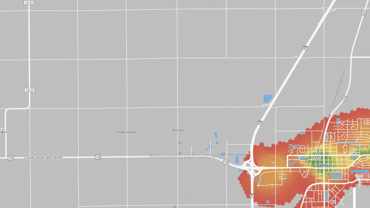 Walk Grade map of Prospect, IL, walkable areas in green and car-dependent areas in red