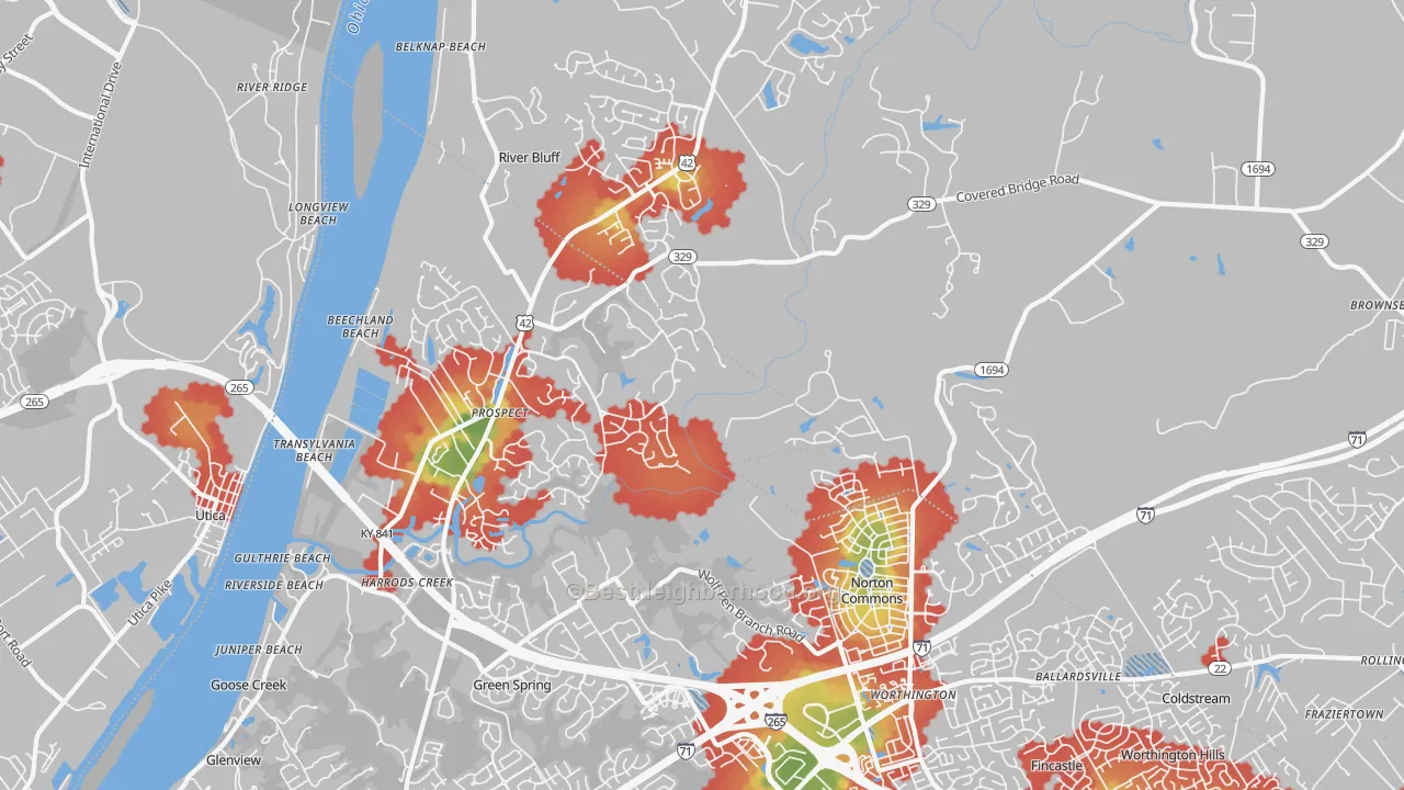 Walk Grade map of Prospect, KY, walkable areas in green and car-dependent areas in red