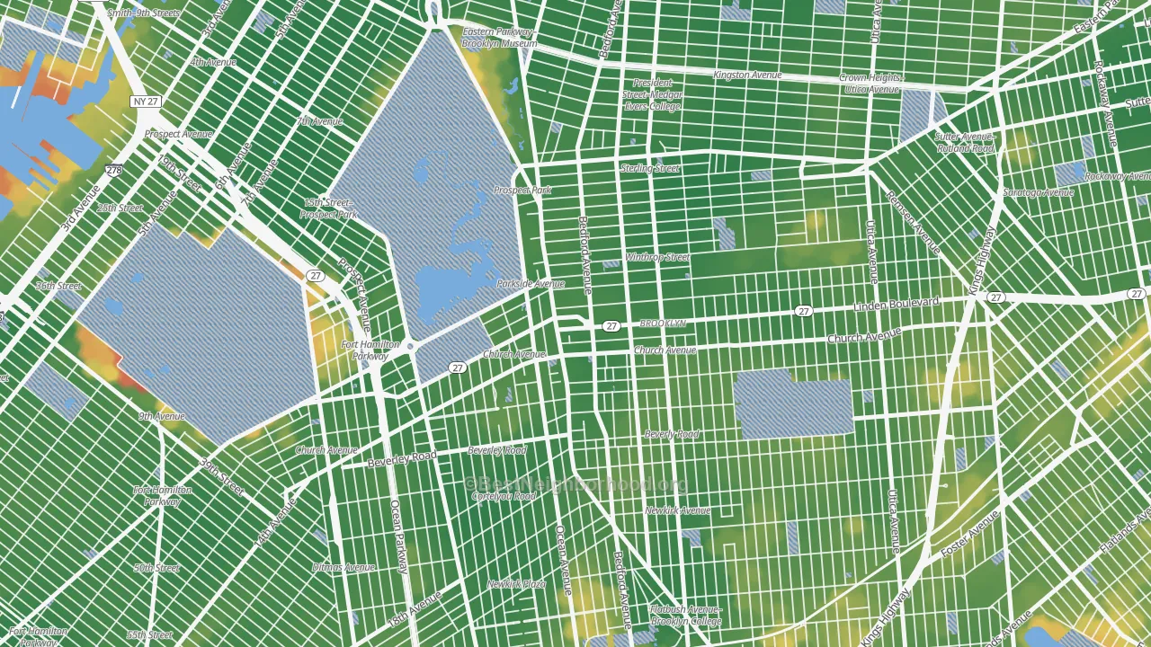 Walk Grade map of Prospect Lefferts Gardens, Brooklyn, NY, walkable areas in green and car-dependent areas in red