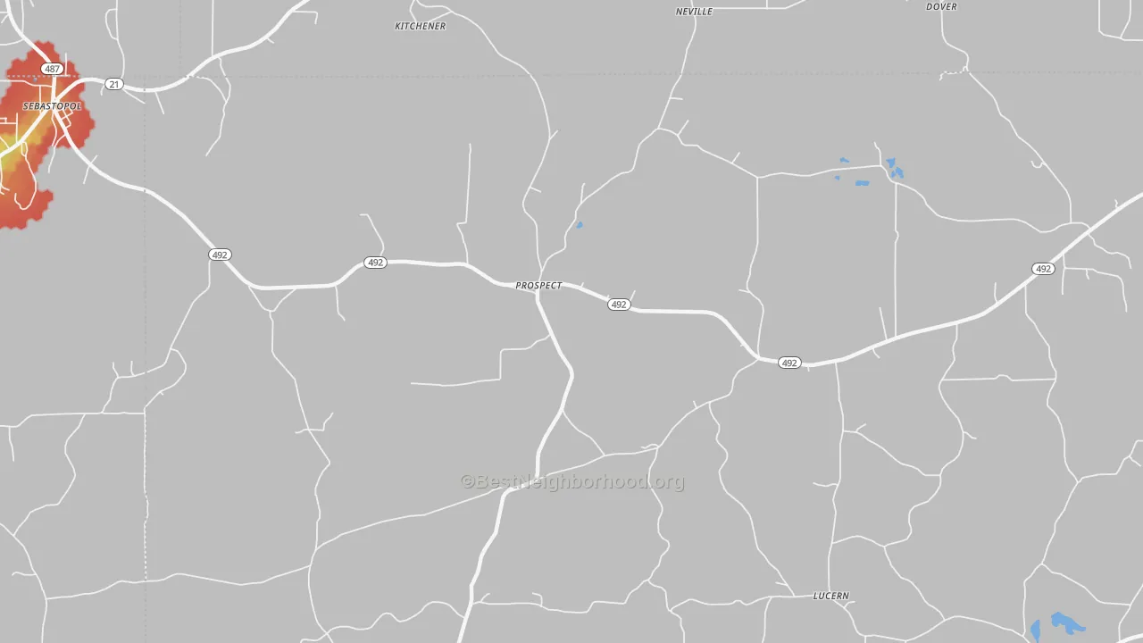 Walk Grade map of Prospect, MS, walkable areas in green and car-dependent areas in red