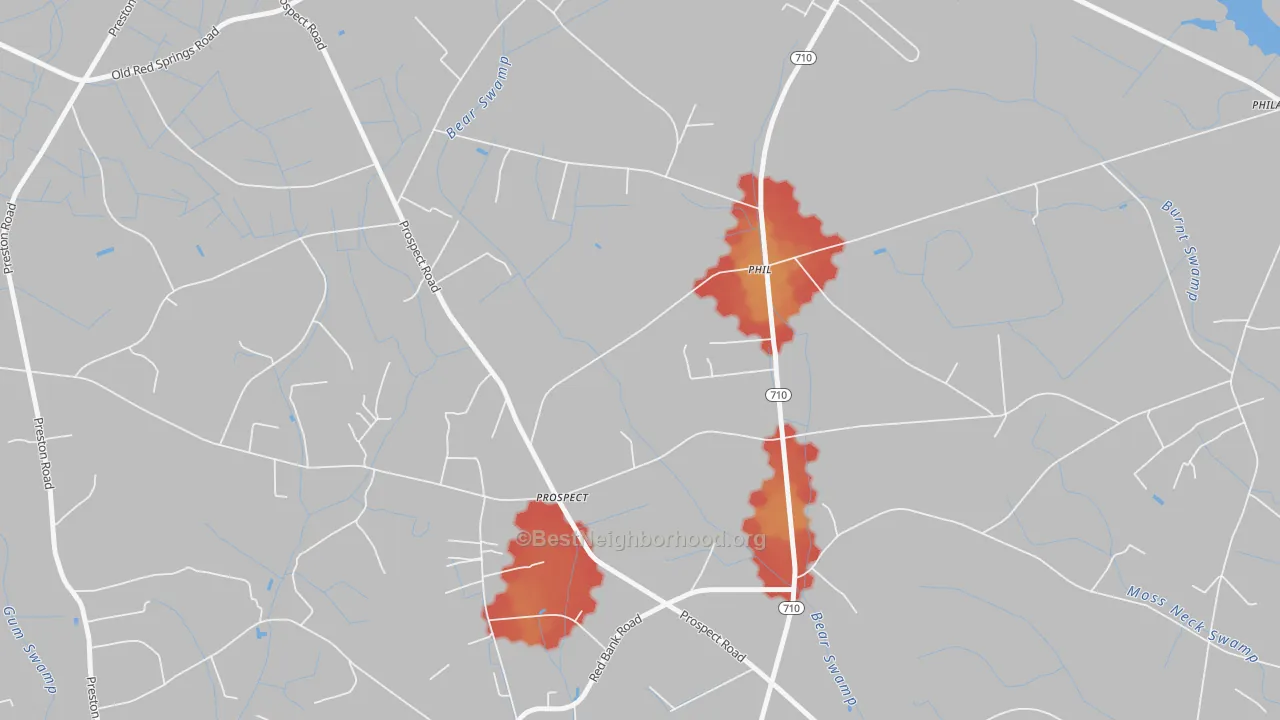 Walk Grade map of Prospect, NC, walkable areas in green and car-dependent areas in red