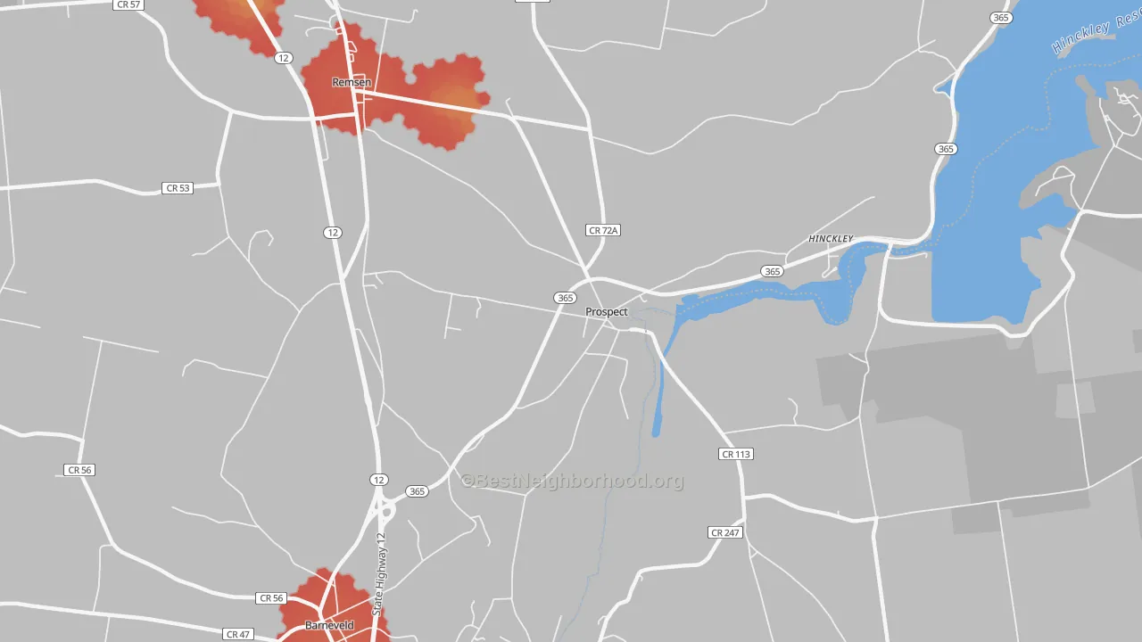 Walk Grade map of Prospect, NY, walkable areas in green and car-dependent areas in red