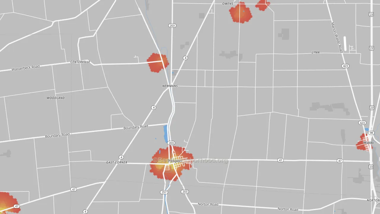 Walk Grade map of Prospect, OH, walkable areas in green and car-dependent areas in red