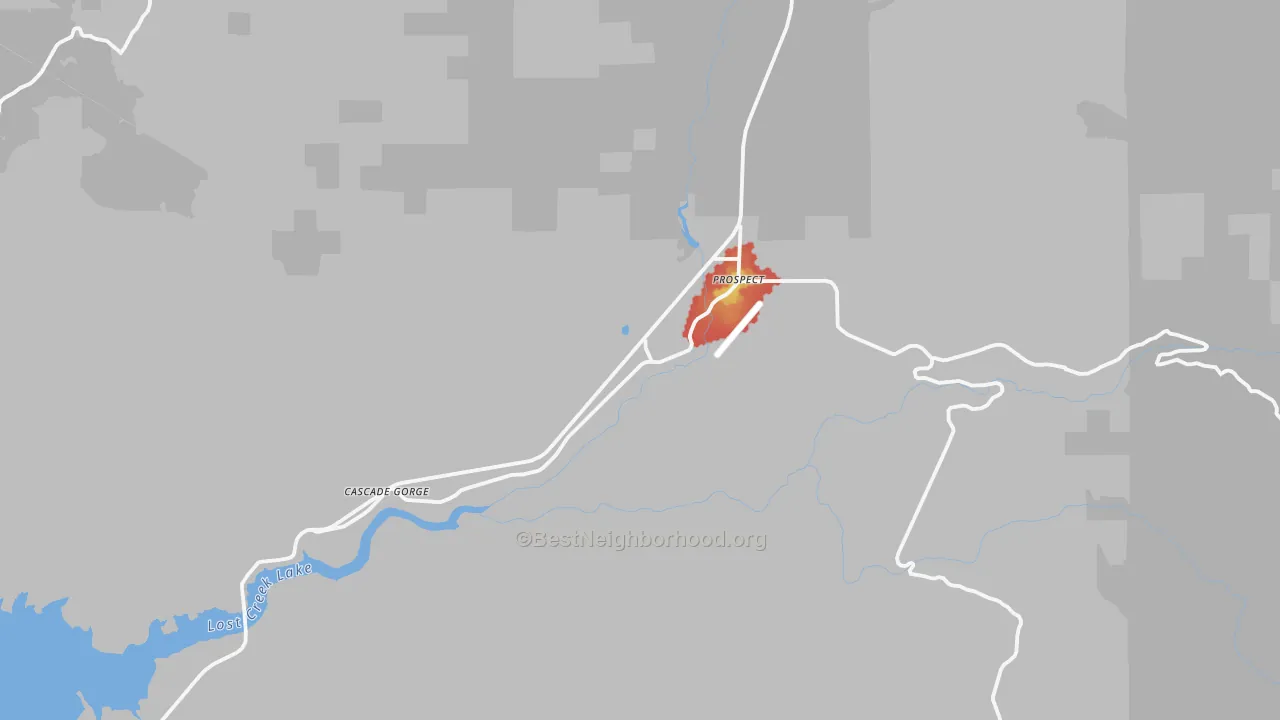 Walk Grade map of Prospect, OR, walkable areas in green and car-dependent areas in red