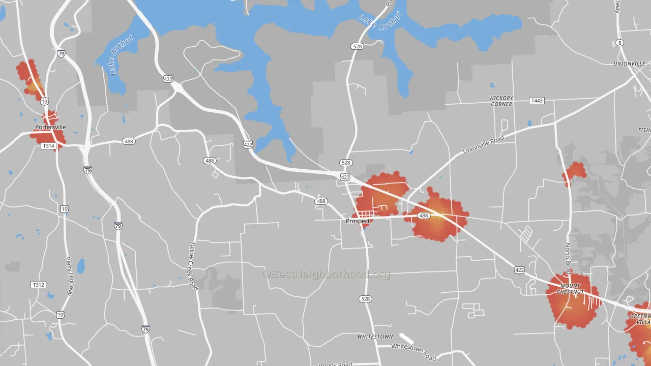 Walk Grade map of Prospect, PA, walkable areas in green and car-dependent areas in red