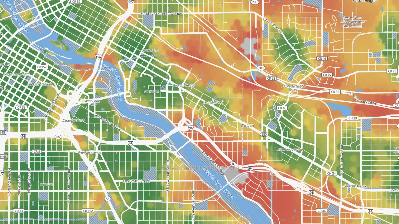 Walk Grade map of Prospect Park, Minneapolis, MN, walkable areas in green and car-dependent areas in red