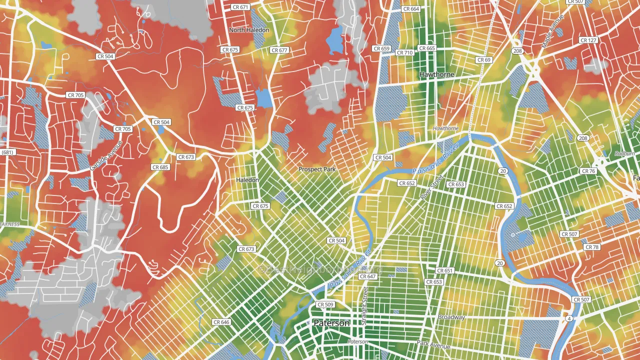 Walk Grade map of Prospect Park, NJ, walkable areas in green and car-dependent areas in red