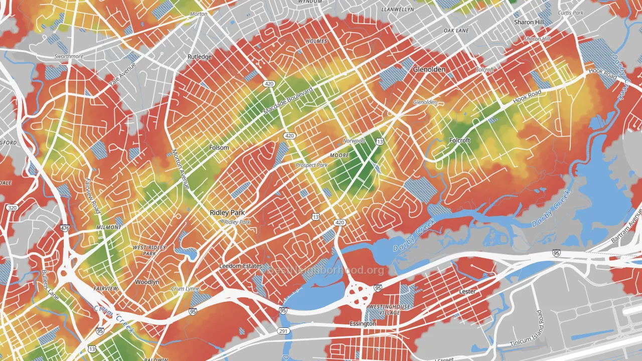 Walk Grade map of Prospect Park, PA, walkable areas in green and car-dependent areas in red