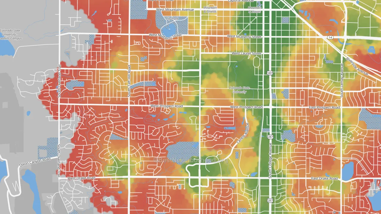 Walk Grade map of Prospect-Shields, Fort Collins, CO, walkable areas in green and car-dependent areas in red