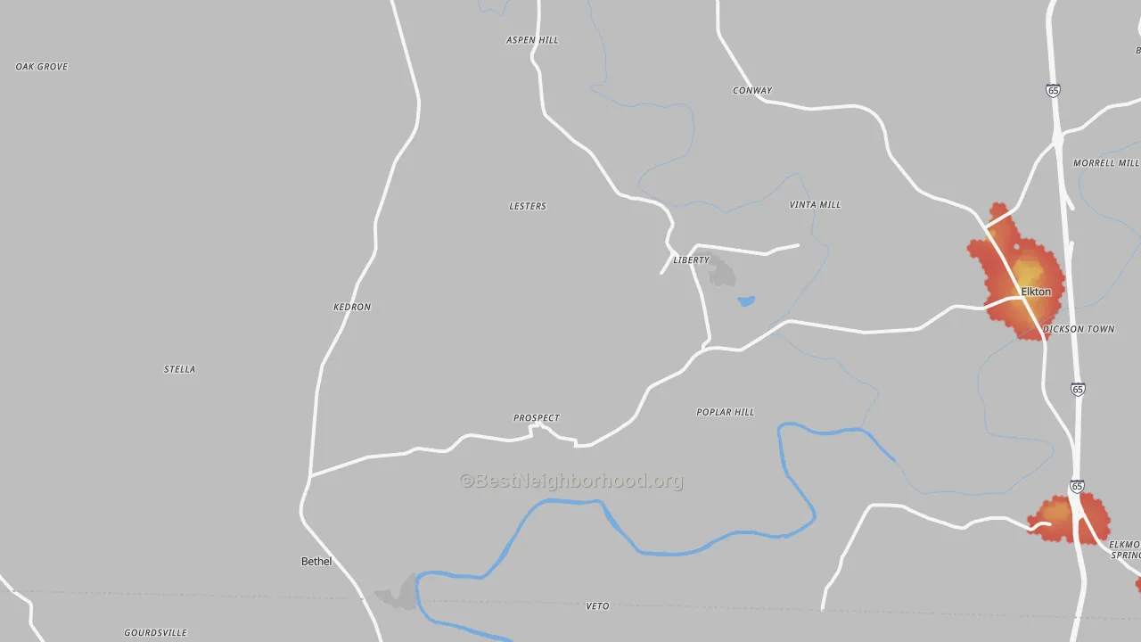 Walk Grade map of Prospect, TN, walkable areas in green and car-dependent areas in red