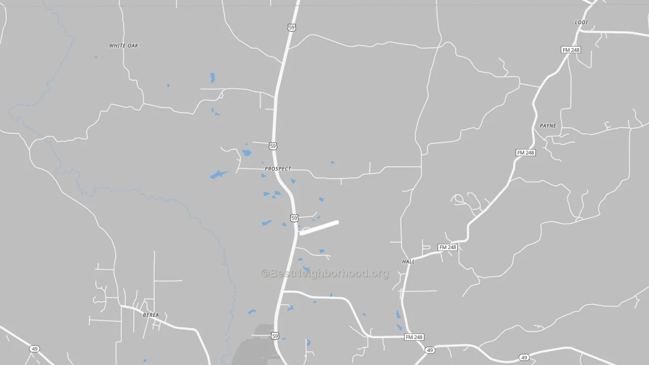 Walk Grade map of Prospect, TX, walkable areas in green and car-dependent areas in red