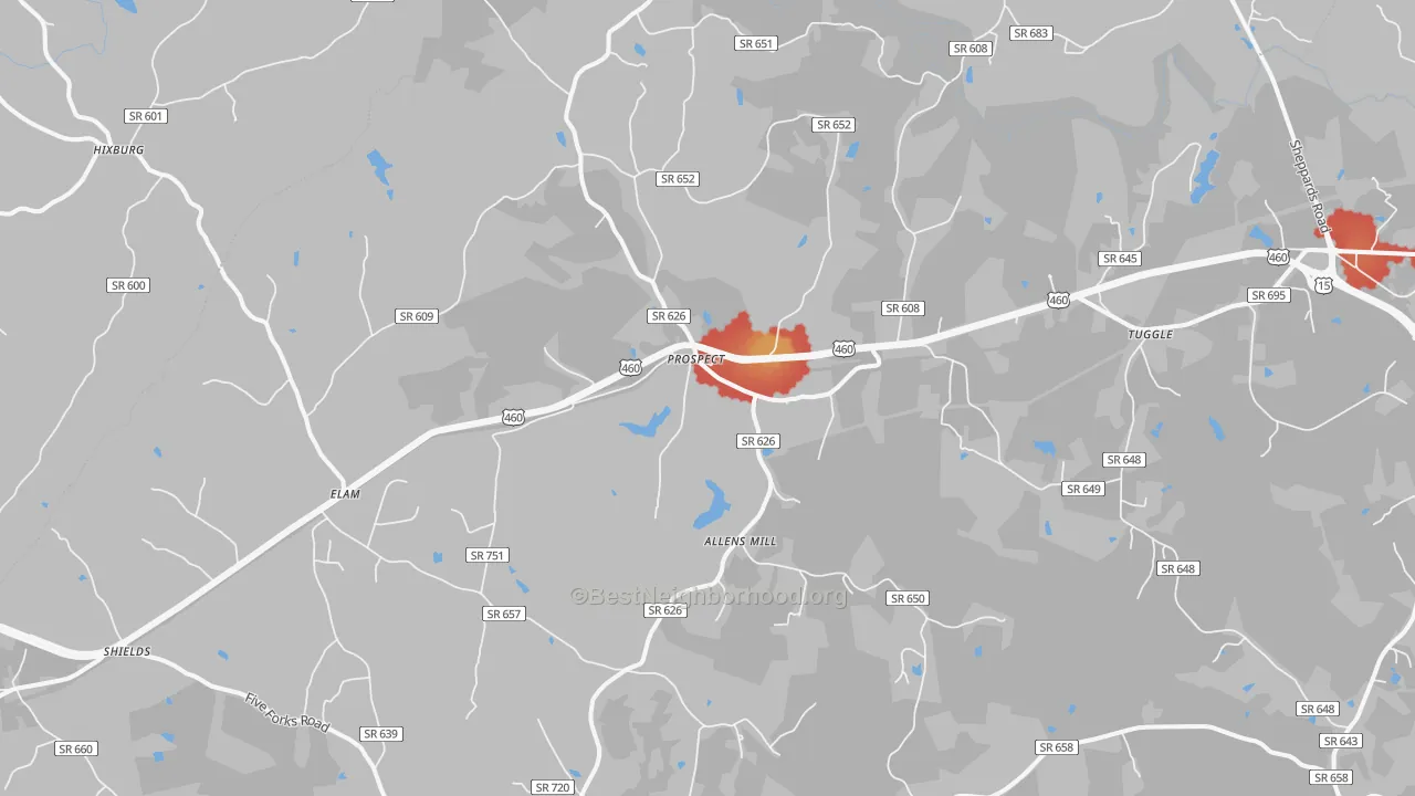 Walk Grade map of Prospect, VA, walkable areas in green and car-dependent areas in red