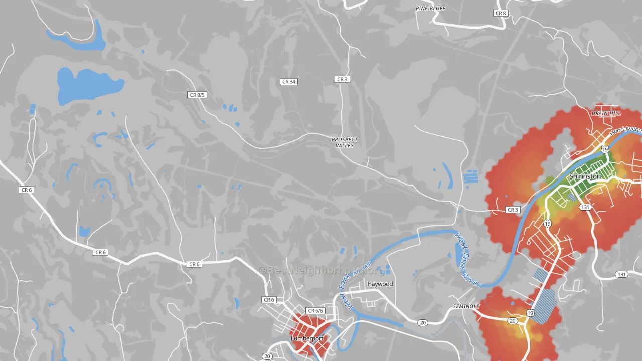 Walk Grade map of Prospect Valley, WV, walkable areas in green and car-dependent areas in red