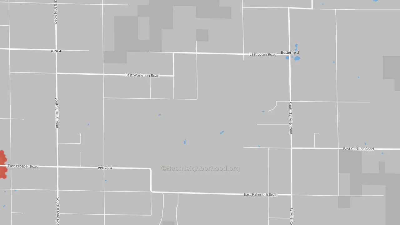 Walk Grade map of Prosper, MI, walkable areas in green and car-dependent areas in red