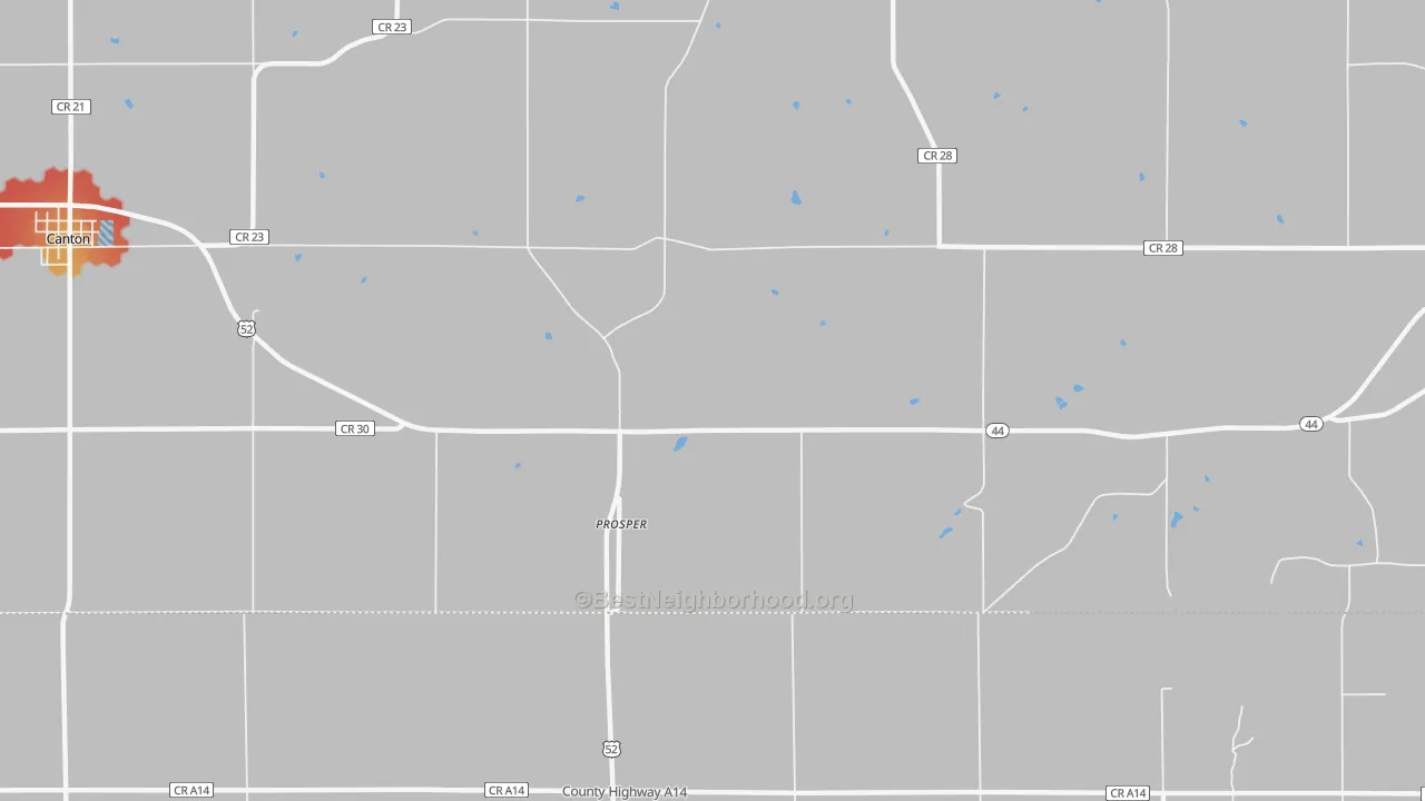 Walk Grade map of Prosper, MN, walkable areas in green and car-dependent areas in red