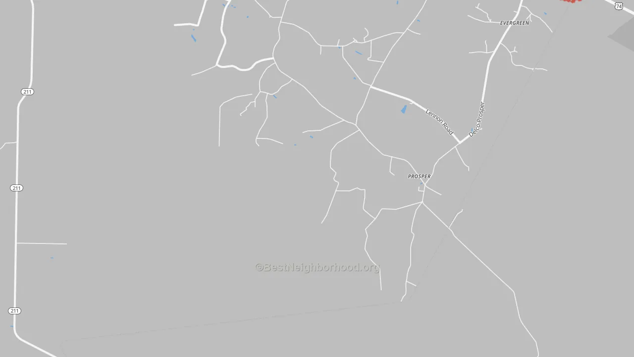 Walk Grade map of Prosper, NC, walkable areas in green and car-dependent areas in red