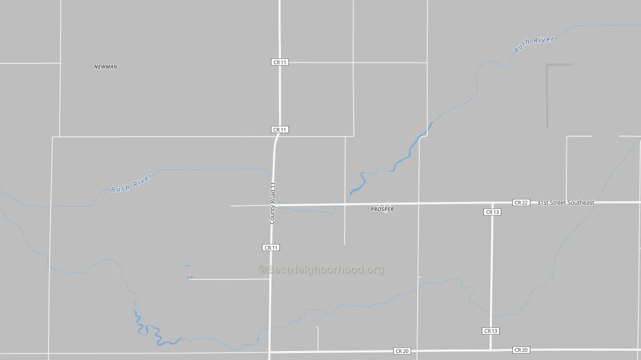 Walk Grade map of Prosper, ND, walkable areas in green and car-dependent areas in red