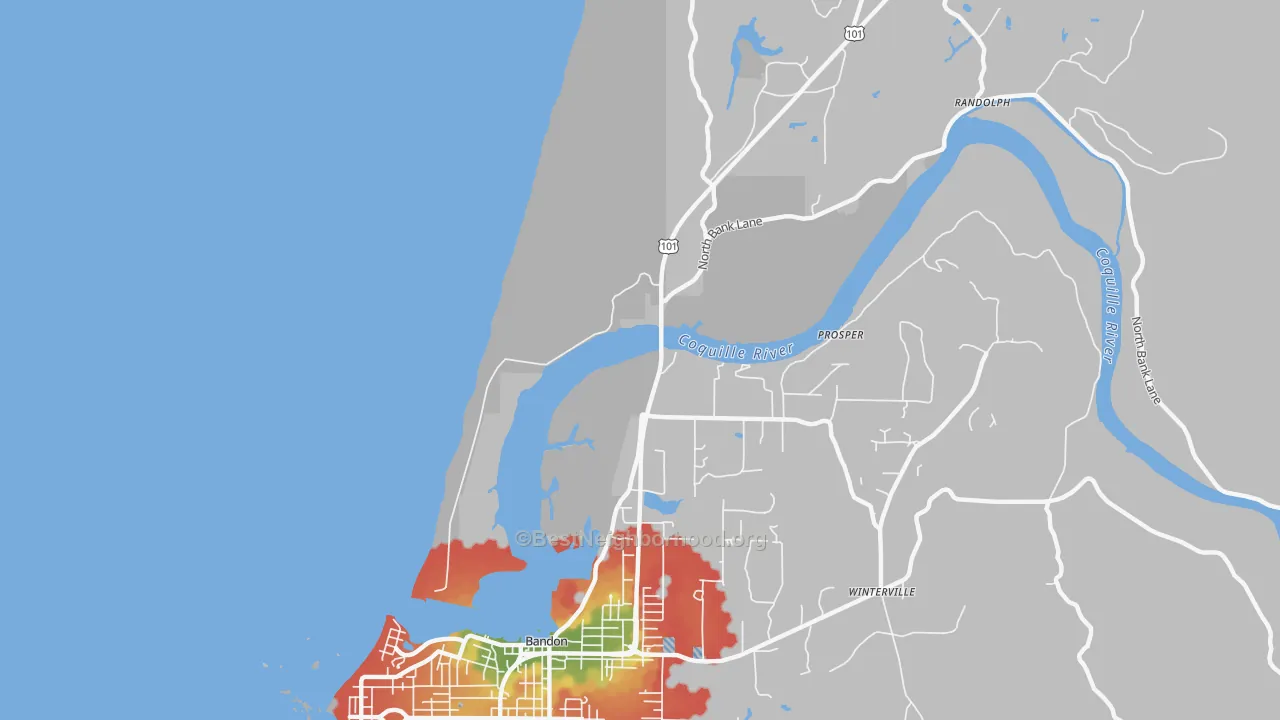 Walk Grade map of Prosper, OR, walkable areas in green and car-dependent areas in red