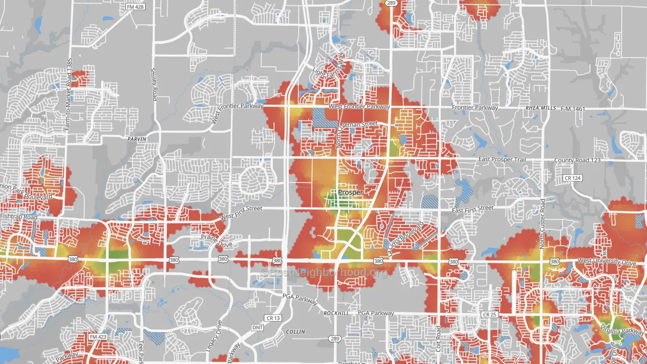 Walk Grade map of Prosper, TX, walkable areas in green and car-dependent areas in red
