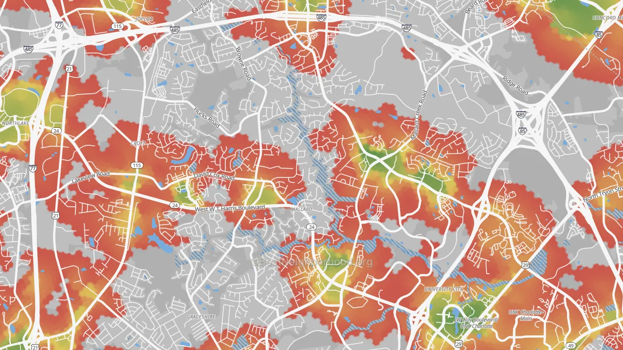 Walk Grade map of Prosperity Church Road, Charlotte, NC, walkable areas in green and car-dependent areas in red