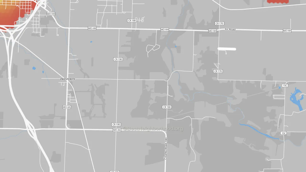 Walk Grade map of Prosperity, MO, walkable areas in green and car-dependent areas in red