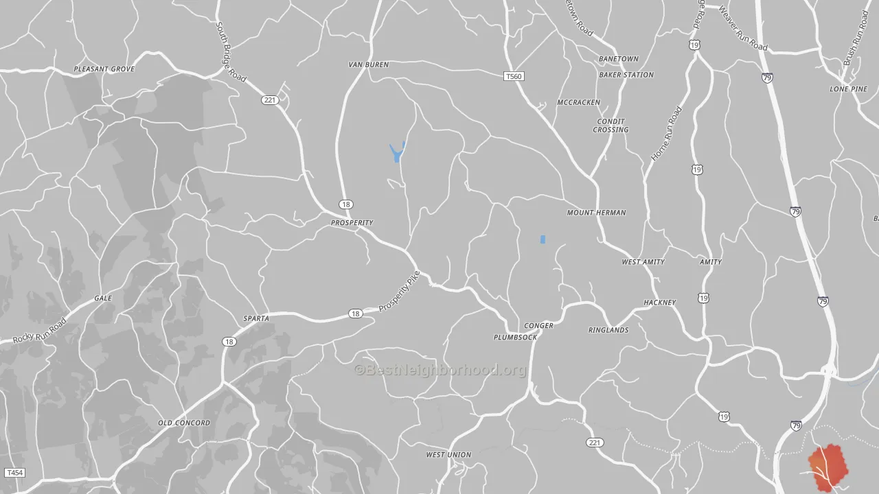 Walk Grade map of Prosperity, PA, walkable areas in green and car-dependent areas in red