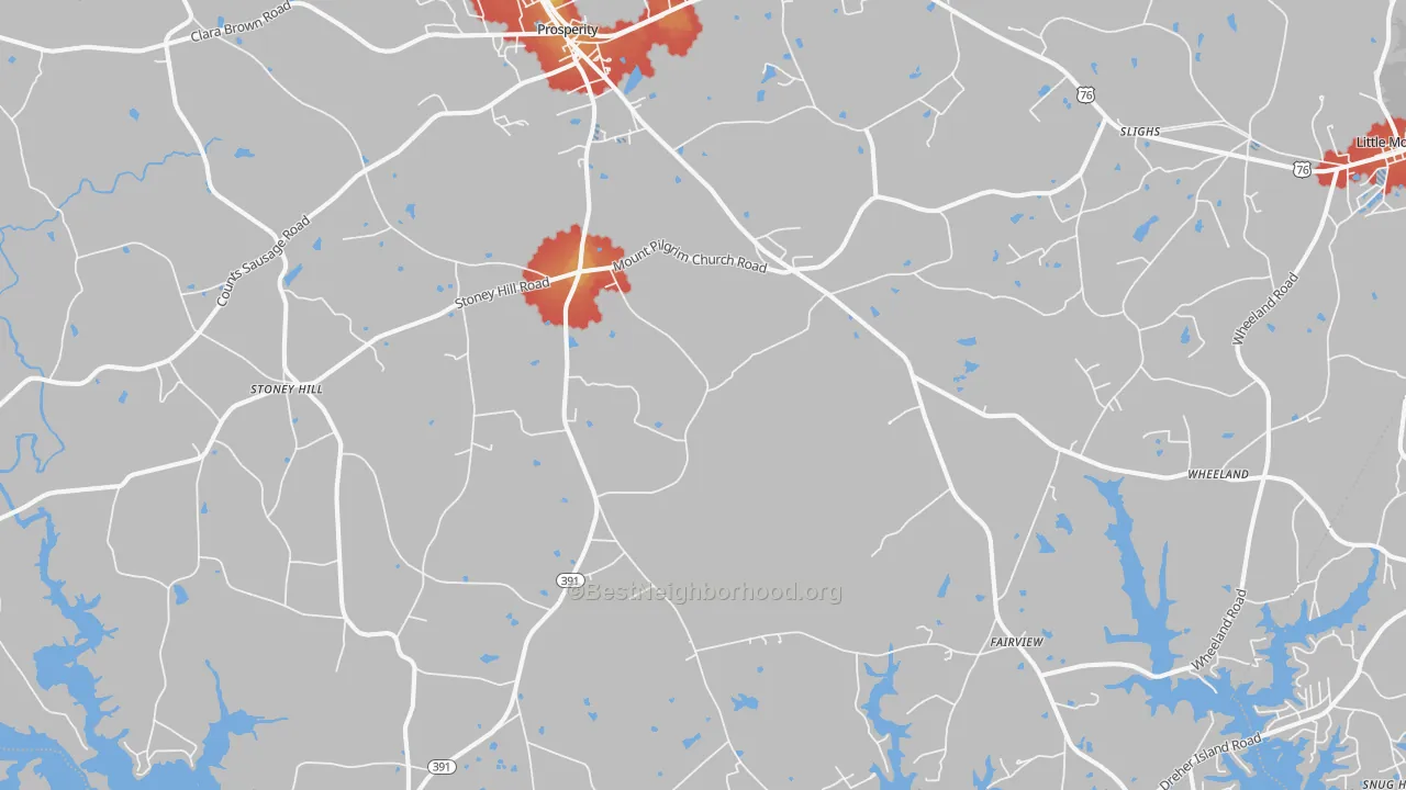 Walk Grade map of Prosperity, SC, walkable areas in green and car-dependent areas in red
