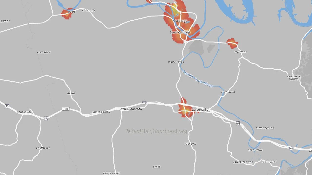 Walk Grade map of Prosperity, TN, walkable areas in green and car-dependent areas in red