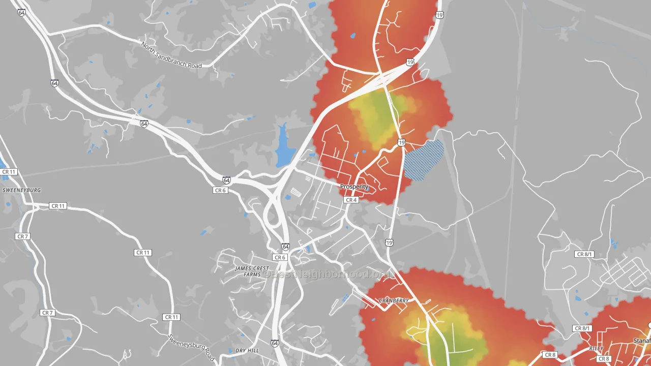 Walk Grade map of Prosperity, WV, walkable areas in green and car-dependent areas in red