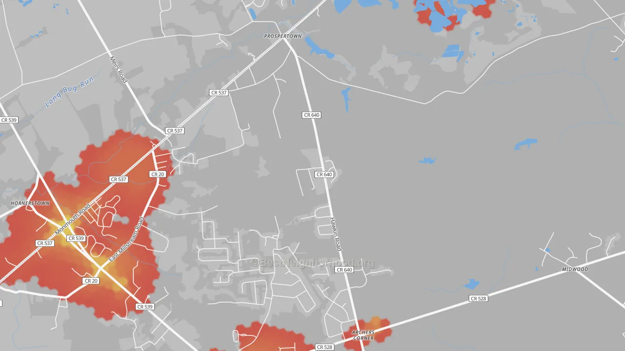 Walk Grade map of Prospertown, NJ, walkable areas in green and car-dependent areas in red
