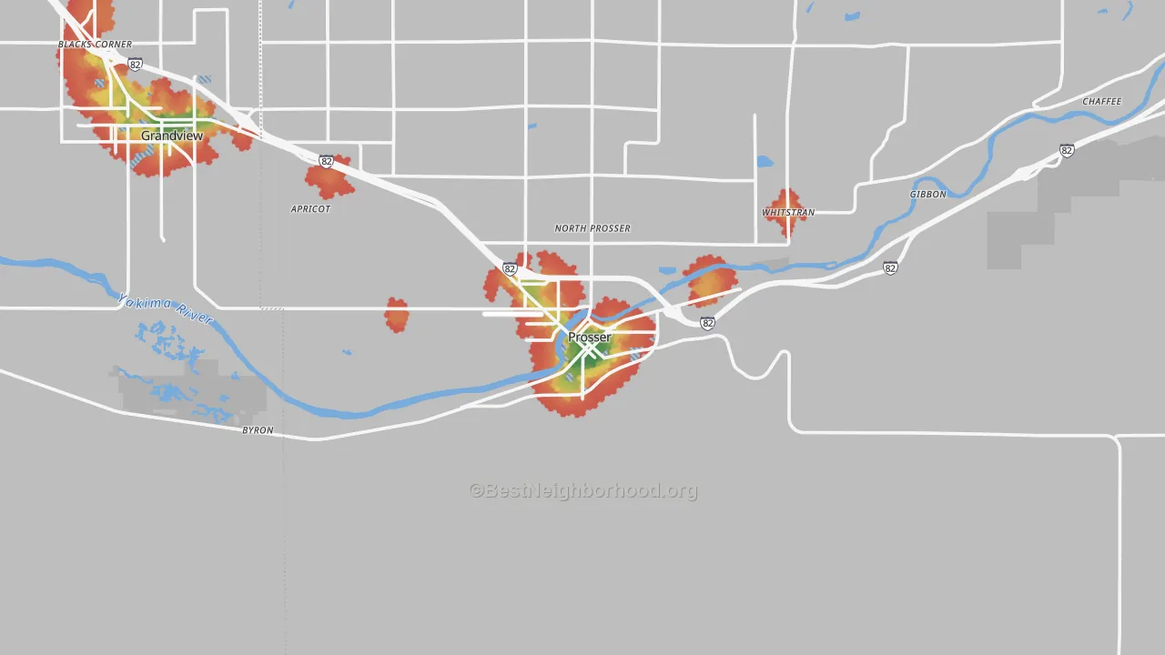 Walk Grade map of Prosser, WA, walkable areas in green and car-dependent areas in red