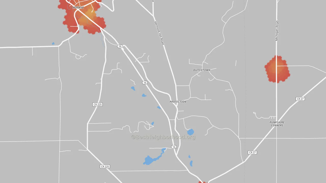 Walk Grade map of Protection, NY, walkable areas in green and car-dependent areas in red