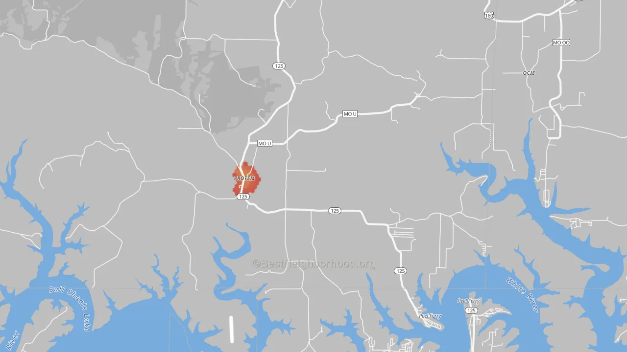 Walk Grade map of Protem, MO, walkable areas in green and car-dependent areas in red