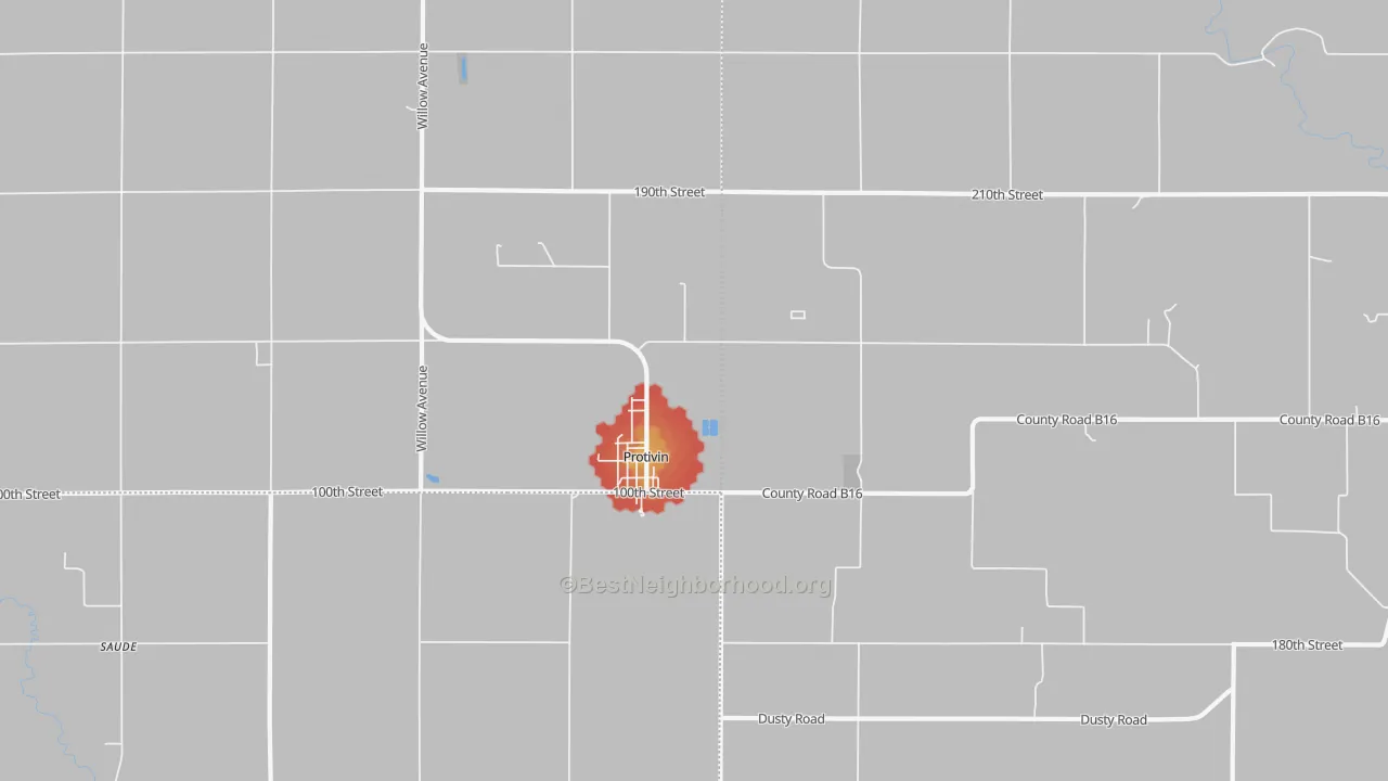 Walk Grade map of Protivin, IA, walkable areas in green and car-dependent areas in red