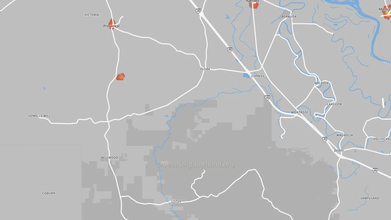 Walk Grade map of Provencal, LA, walkable areas in green and car-dependent areas in red