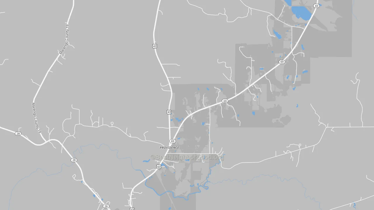 Walk Grade map of Providence, AL, walkable areas in green and car-dependent areas in red