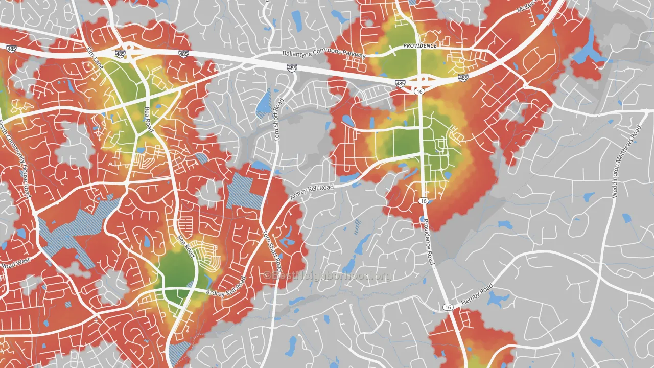 Walk Grade map of Providence Crossing, Charlotte, NC, walkable areas in green and car-dependent areas in red