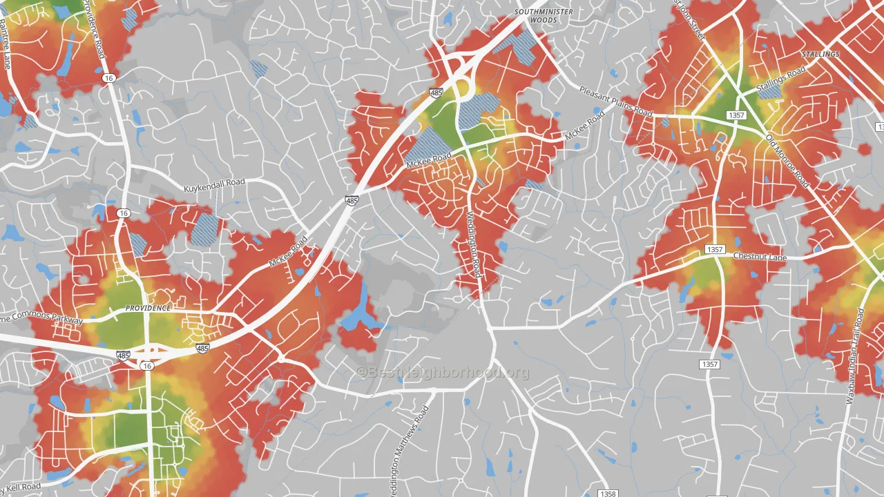 Walk Grade map of Providence Estates East, Matthews, NC, walkable areas in green and car-dependent areas in red