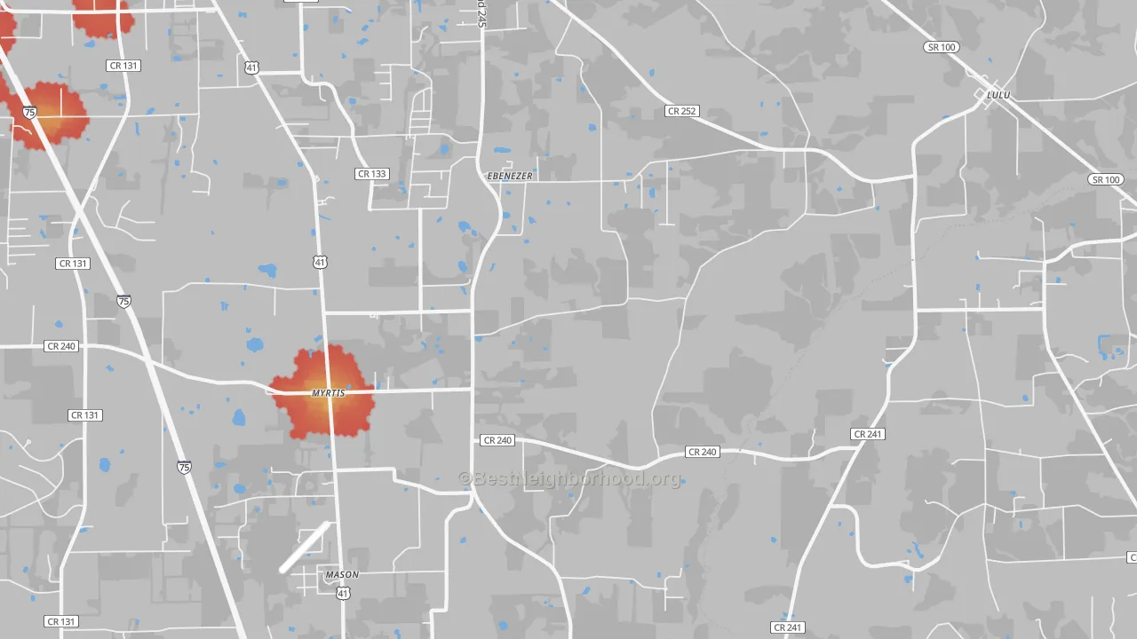 Walk Grade map of Providence, FL, walkable areas in green and car-dependent areas in red